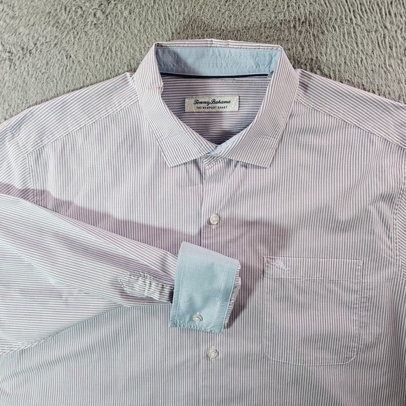 Tommy Bahama Newport Coast Shirt Men Large Flip Cuff Button Purple White Striped - Picture 1 of 11